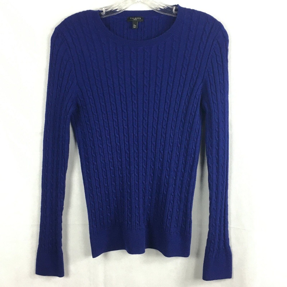 Talbots Petites Sweater Womens Sz XLP Royal Blue Cotton Wool Cable Knit Pullover